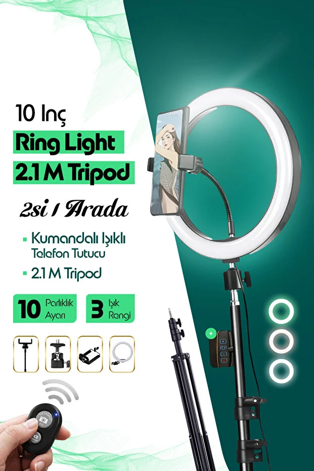 Kumandalı Youtuber Tiktok Çekim Işıklı Telefon Tutucu Makyaj Işığı Ring Light 10 Inç + 2.1 M Tripod